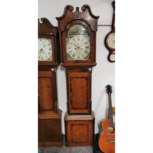 139 - An antique 8 day 1850 grandfather / longcase  clock in mahogany with hand painted dial depicting a b... 