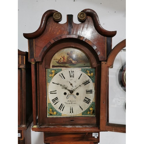 139 - An antique 8 day 1850 grandfather / longcase  clock in mahogany with hand painted dial depicting a b... 