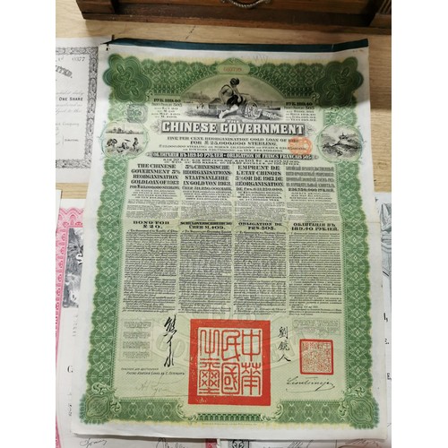 353 - Collection of interesting antique share certificates inc. Chinese Government reorganizing Gold loan ... 