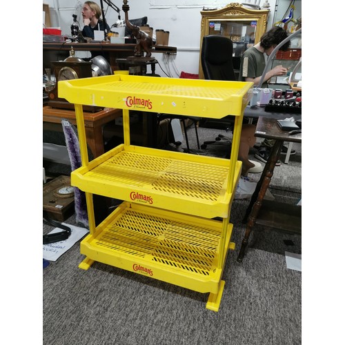 365A - Good rare vintage Coleman's of Norwich three shelf yellow plastic shelving rack with good clear adve... 