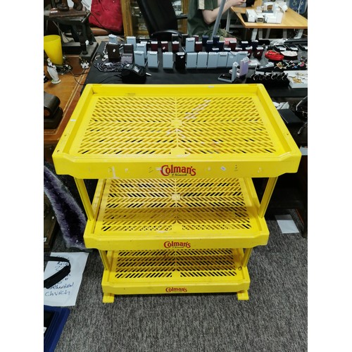 365A - Good rare vintage Coleman's of Norwich three shelf yellow plastic shelving rack with good clear adve... 