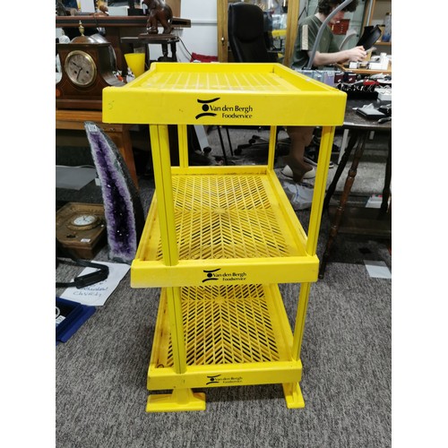 365A - Good rare vintage Coleman's of Norwich three shelf yellow plastic shelving rack with good clear adve... 