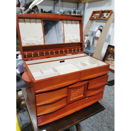 363 - Good quality wooden jewellery box by Mele & Co, with burr walnut veneer to the top, with lift up lid... 