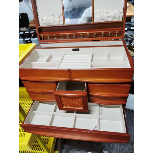 363 - Good quality wooden jewellery box by Mele & Co, with burr walnut veneer to the top, with lift up lid... 