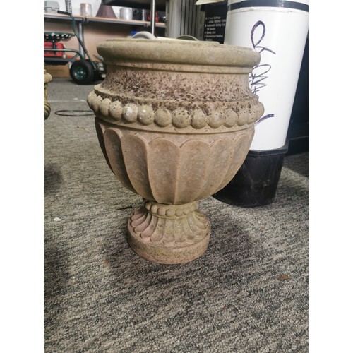 452 - 4x Stoneware Urns, two on complete  pedestals, one on broken pedestal. Well weathered. Height of tal... 