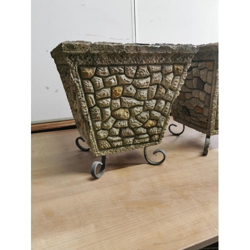 436 - 2x concrete planters from the 1980's with mottled cotswold style design standing on metal legs each ... 