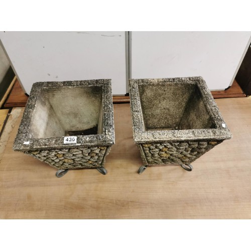 436 - 2x concrete planters from the 1980's with mottled cotswold style design standing on metal legs each ... 