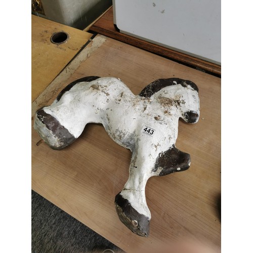 443 - 2x concrete horses that fasten into the ground on steel bars, both are well weathered measure 53cm h... 