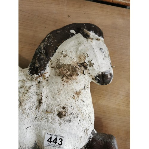 443 - 2x concrete horses that fasten into the ground on steel bars, both are well weathered measure 53cm h... 