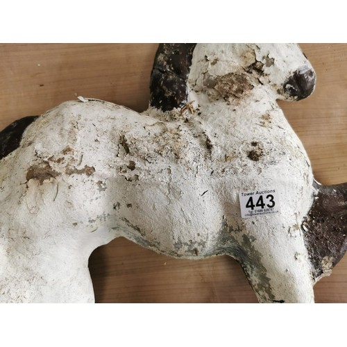 443 - 2x concrete horses that fasten into the ground on steel bars, both are well weathered measure 53cm h... 