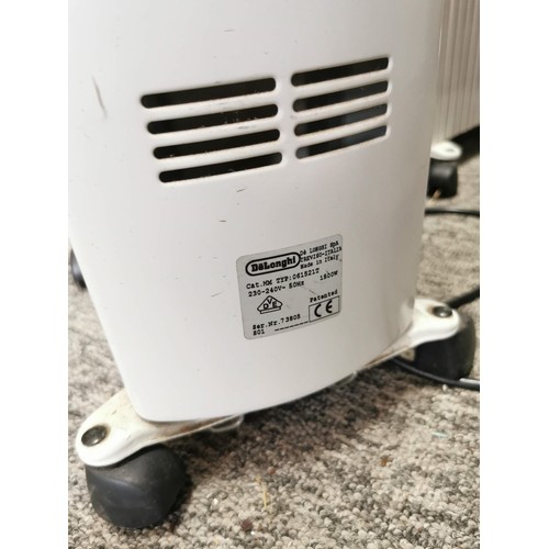 449 - 2x Delonghi Dragon electric heaters along with a boxed halogen heater, heaters stand at 65cm high