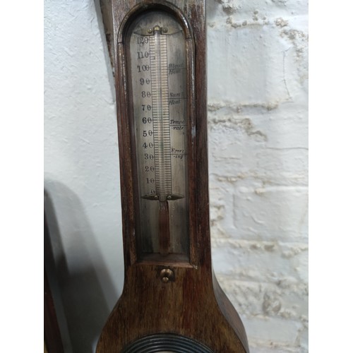 147A - Antique Banjo Barometer in need of restoration complete with temperature gauge, back opens to reveal... 