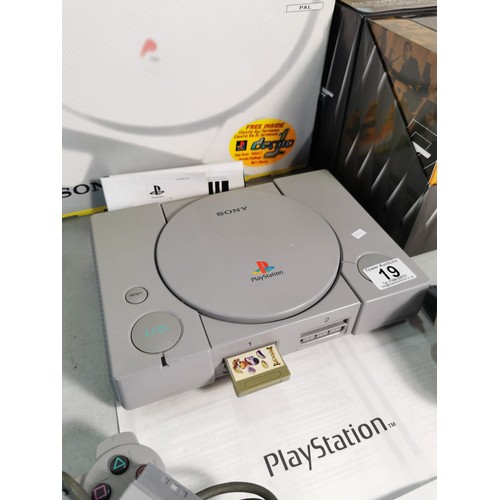 19 - Boxed Playstation original (ps1) with controllers, 7 games inc Tomb Raider, Doom, Tekka 2, etc along... 
