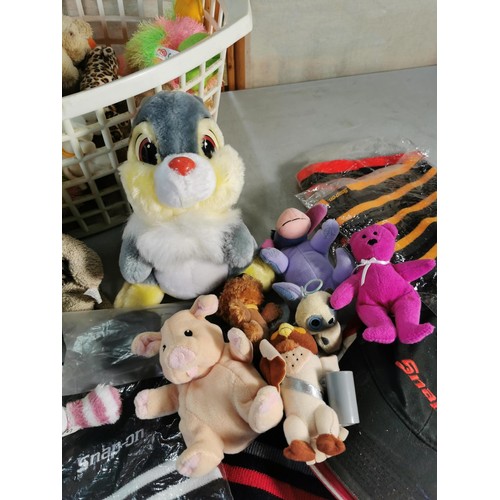 37 - A large quantity of soft plush toys inc 2 Hugmozz hug from Blackpool plushes, a purple and black cat... 