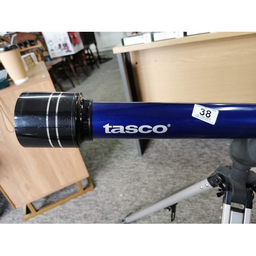 38 - Tasco telescope on stand with bracket missing its viewing lens