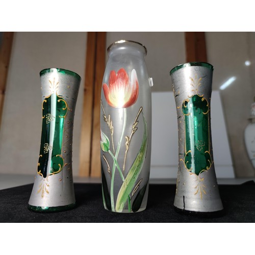 71 - A set of good quality vintage glass vases, includes a pretty hand painted glass vase with a floral s... 