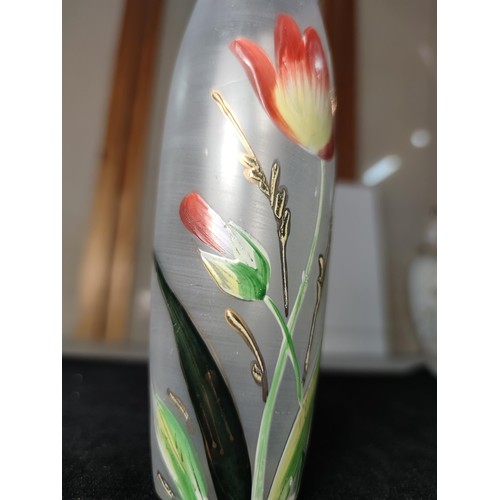71 - A set of good quality vintage glass vases, includes a pretty hand painted glass vase with a floral s... 