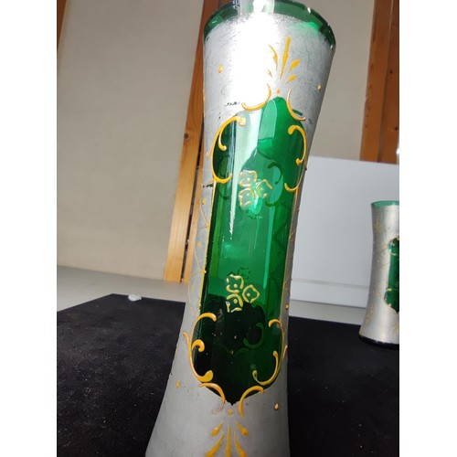 71 - A set of good quality vintage glass vases, includes a pretty hand painted glass vase with a floral s... 