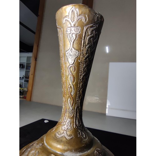 73 - A good quality antique Cairo ware inlaid brass vase, inlaid with real silver and copper featuring an... 