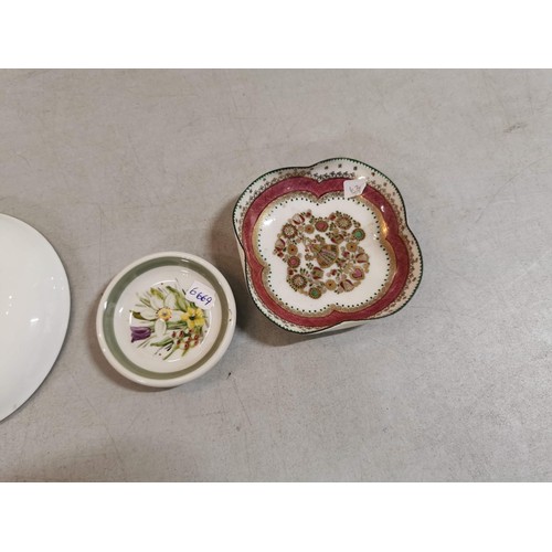 76 - Collection of ceramic plates and pin dishes inc a 18th century green and gilded hand painted saucer,... 