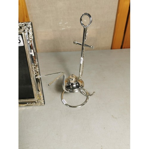 94 - Good quality anchor formed chromed brandy glass warmer complete with burner along with a silver plat... 