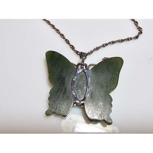 307A - A good quality vintage genuine nephrite jade carved butterfly pendant with overlaid silver antennae ... 