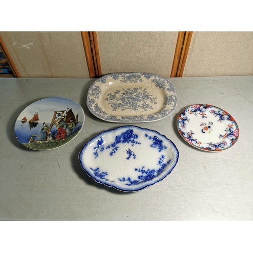89 - 2x good quality antique meat plates, 1 in heavy iron stone along with a large German picture plate w... 