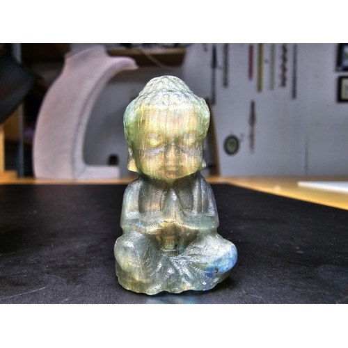 322 - A beautiful natural labradorite carved sitting praying  Buddha presenting excellent natural flashing... 