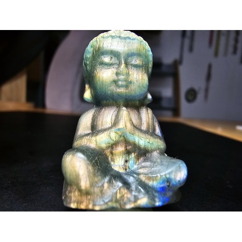 322 - A beautiful natural labradorite carved sitting praying  Buddha presenting excellent natural flashing... 