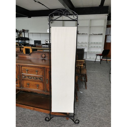 130 - 3x division cream fabric coloured metal screen.with scroll design stands at 177cm high each division... 