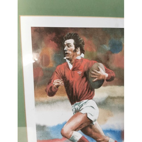 131 - A limited edition framed and glazed print of a welsh rugby star number 68/100 by Dirk Winson-Bushby,... 