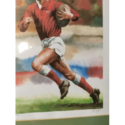 131 - A limited edition framed and glazed print of a welsh rugby star number 68/100 by Dirk Winson-Bushby,... 