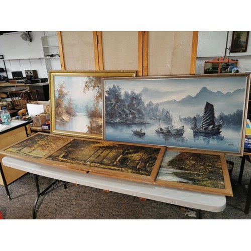 132 - 7x various large oil on canvas framed paintings inc a harbour scene signed Tanya Ping, along with 2x... 