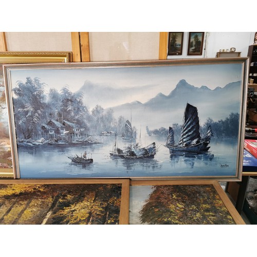 132 - 7x various large oil on canvas framed paintings inc a harbour scene signed Tanya Ping, along with 2x... 