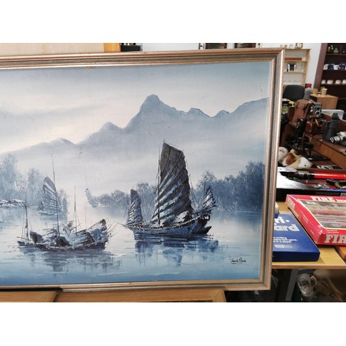132 - 7x various large oil on canvas framed paintings inc a harbour scene signed Tanya Ping, along with 2x... 