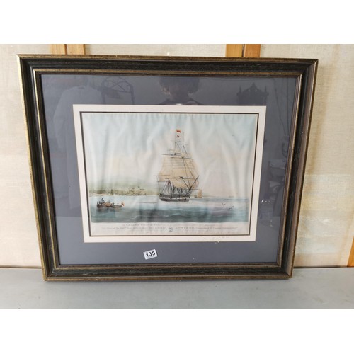 135 - Large framed and glazed plate print of The Hon East Indian Company ship The Lord Lowther presented t... 