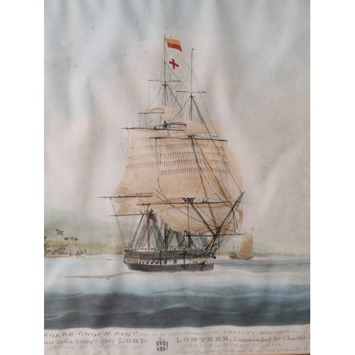 135 - Large framed and glazed plate print of The Hon East Indian Company ship The Lord Lowther presented t... 