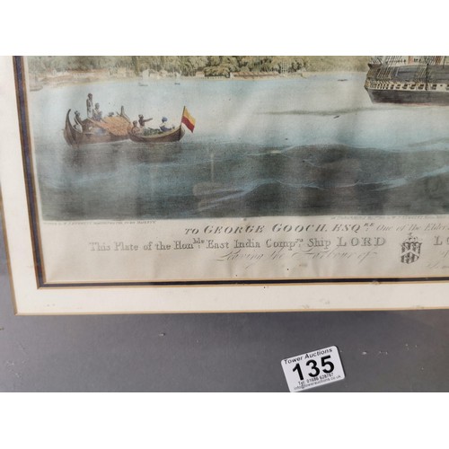 135 - Large framed and glazed plate print of The Hon East Indian Company ship The Lord Lowther presented t... 