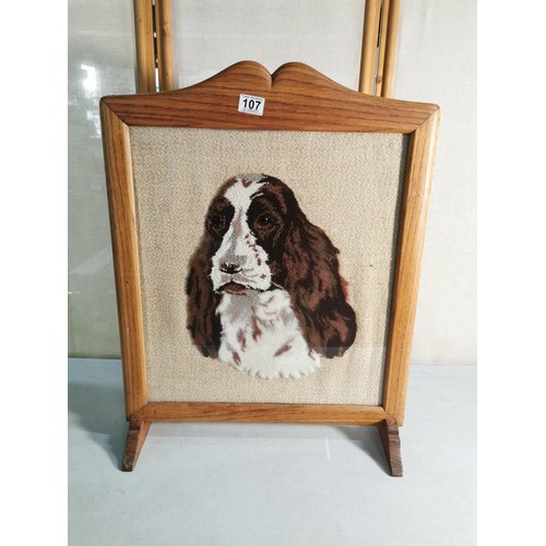 107 - Good quality wooden framed Springer Spaniel hand embroidered fire screen in good order stands at 68c... 