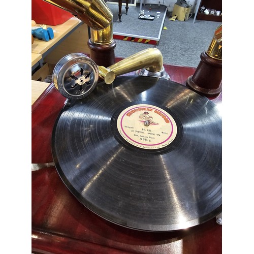 343 - An unusual rare reproduction twin brass horn Victrola gramophone featuring 2 large brass horns, the ... 