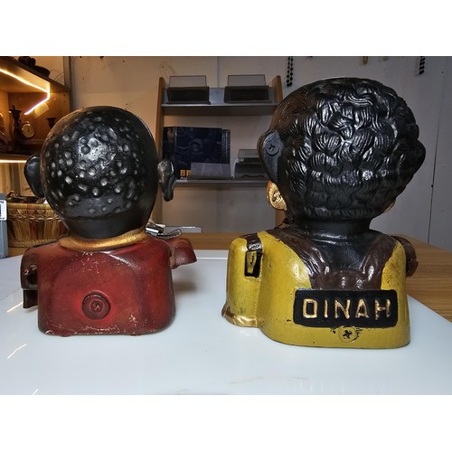 339 - A pair reproduction cast iron money boxes one is named Dinah, and Jolly, both are aged copies of the... 