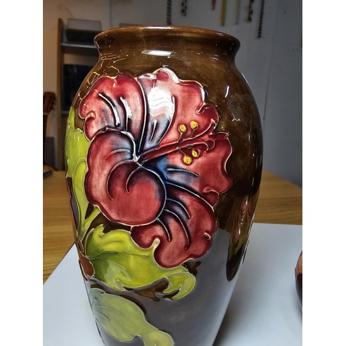 340 - 2 x vintage 1970's/80's William Moorcroft vases both in Hibiscus pattern with brown glaze the taller... 