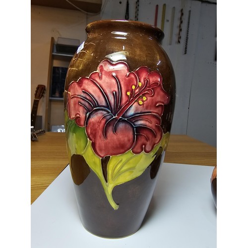 340 - 2 x vintage 1970's/80's William Moorcroft vases both in Hibiscus pattern with brown glaze the taller... 