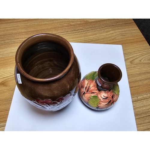 340 - 2 x vintage 1970's/80's William Moorcroft vases both in Hibiscus pattern with brown glaze the taller... 