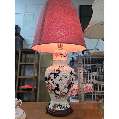 342 - Masons Mandalay pattern table lamp and dusky pink shade along with an attractive brushed brass table... 