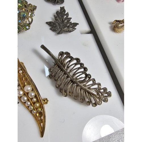 347 - Suite of various costume brooches on two display boards (not included) includes some good leaf form ... 