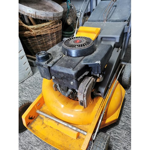 360 - Petrol lawn mower complete with grass box and height adjustment in good order has compression.