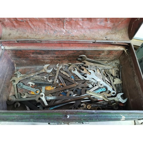 370 - A metal ammo box with spanners along with another wooden ammo box which is empty