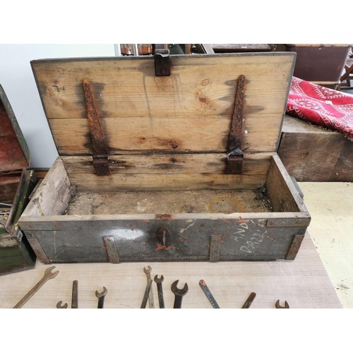 370 - A metal ammo box with spanners along with another wooden ammo box which is empty