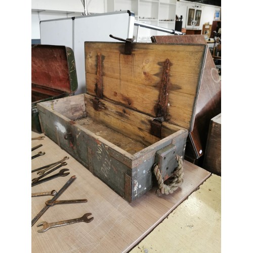 370 - A metal ammo box with spanners along with another wooden ammo box which is empty